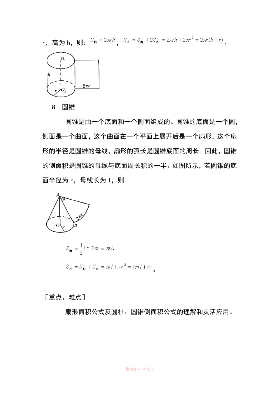 扇形圓柱圓錐面積公式及計算