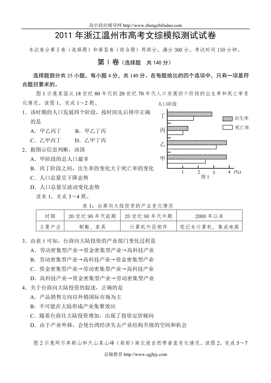 浙江温州市高考文综模拟测试试卷_第1页