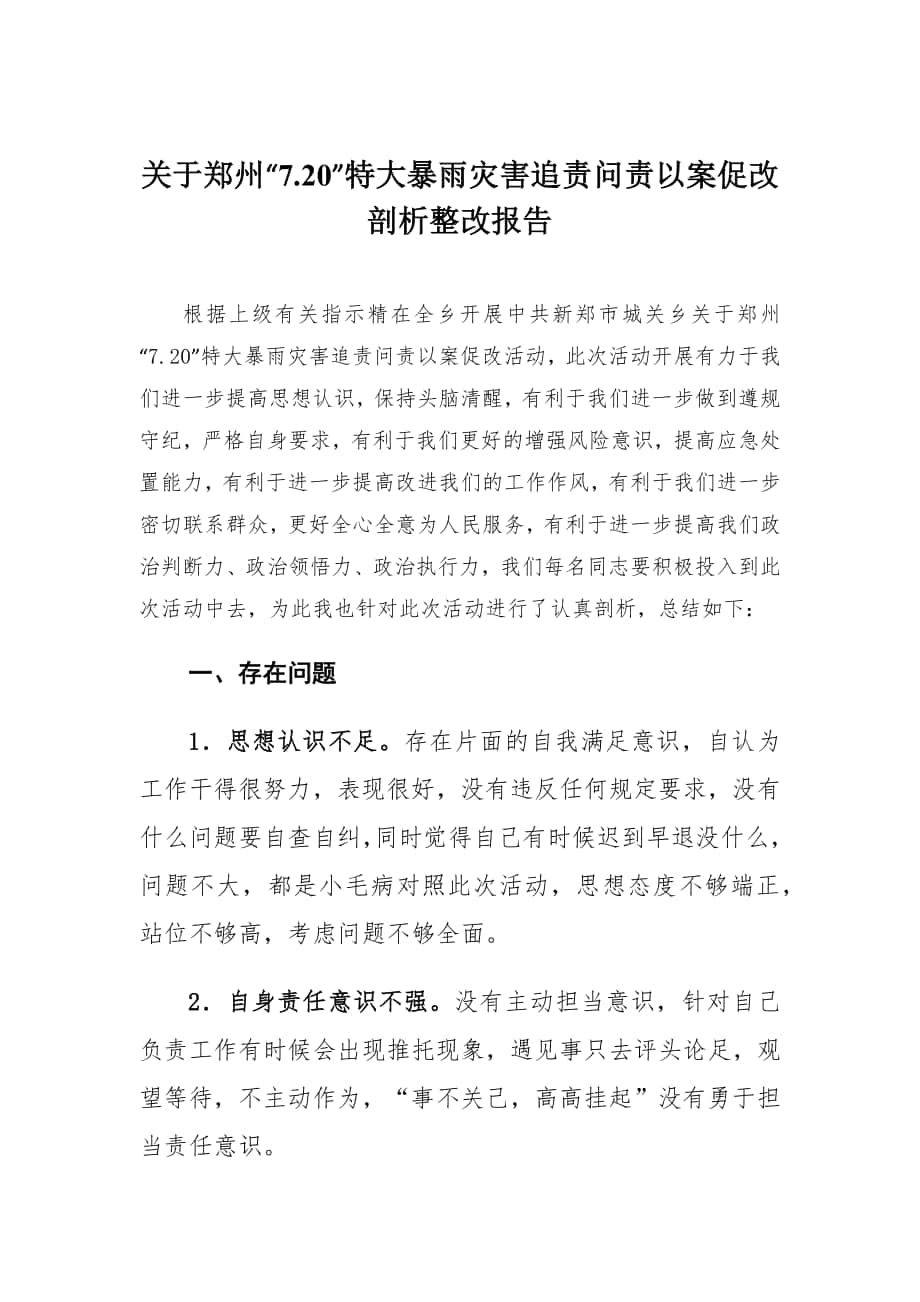 关于郑州“7.20”特大暴雨灾害追责问责以案促改剖析整改报告_第1页