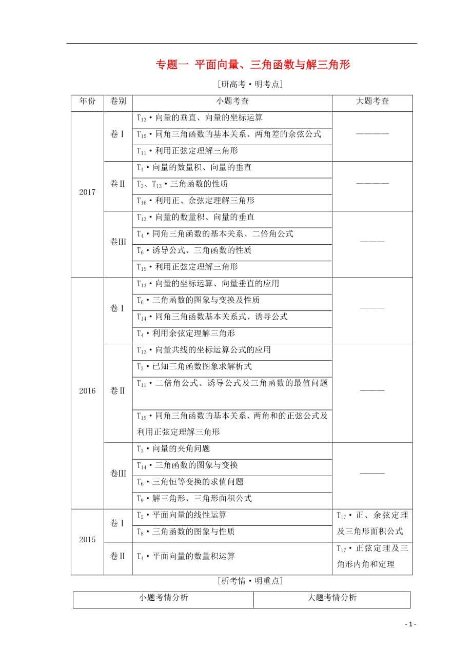 （通用版）2018年高考數(shù)學(xué)二輪復(fù)習(xí) 第一部分 專題一 平面向量、三角函數(shù)與解三角形教學(xué)案 文_第1頁(yè)