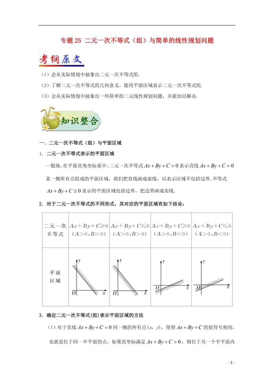 （全國(guó)通用）2018年高考數(shù)學(xué) 考點(diǎn)一遍過 專題25 二元一次不等式（組）與簡(jiǎn)單的線性規(guī)劃問題（含解析）文_第1頁