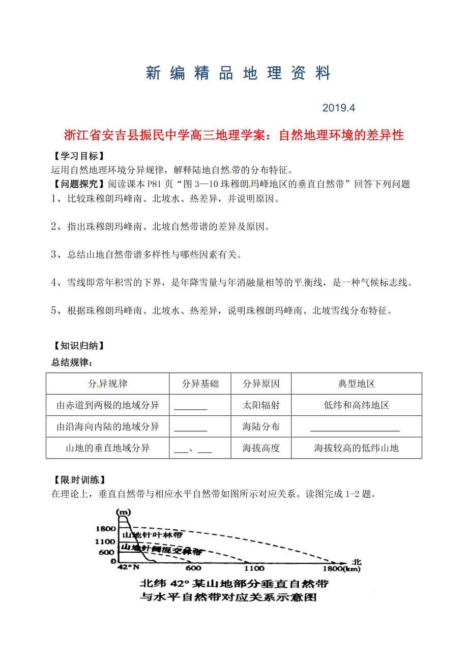 新編浙江省安吉縣振民中學(xué)高三地理 自然地理環(huán)境的差異性學(xué)案_第1頁