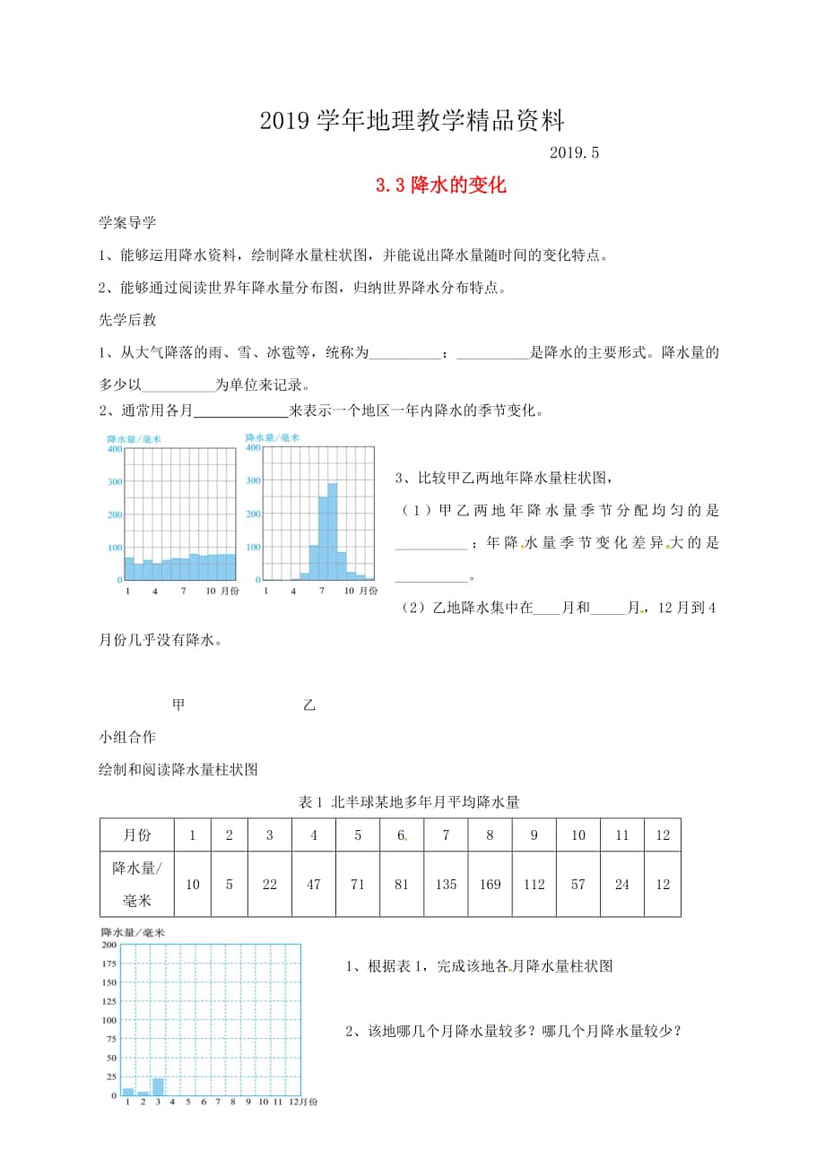 山东省临沂市七年级地理上册3.3降水的变化导学案新版新人教版_第1页