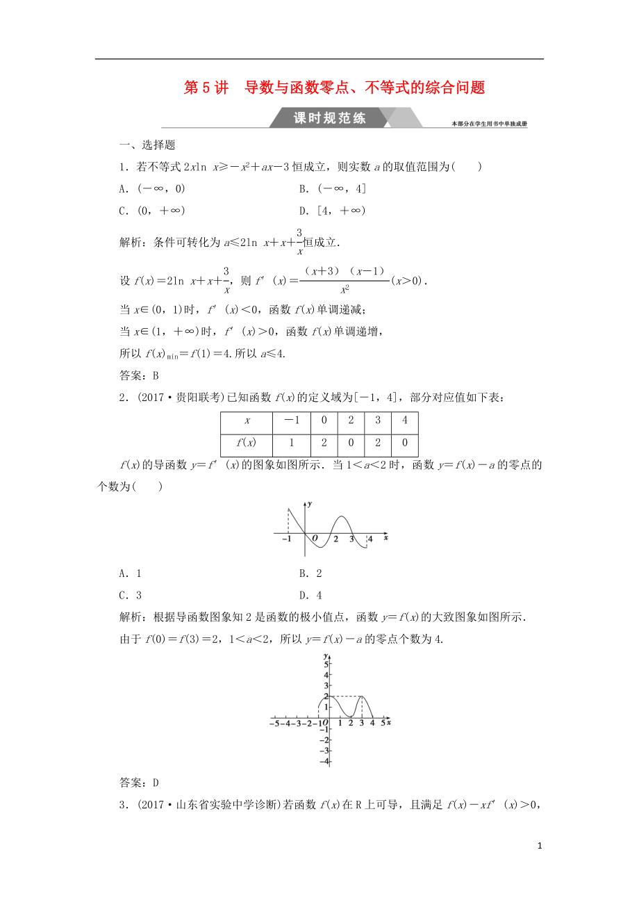 2018年高考數(shù)學(xué)二輪復(fù)習(xí) 第二部分 專題一 函數(shù)與導(dǎo)數(shù)、不等式 第5講 導(dǎo)數(shù)與函數(shù)零點、不等式的綜合問題課時規(guī)范練 理_第1頁