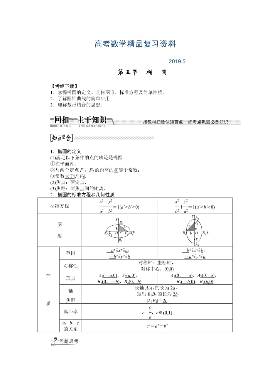 【創(chuàng)新方案】高考數(shù)學(xué)理一輪復(fù)習(xí)配套文檔：第8章 第5節(jié)　橢圓_第1頁