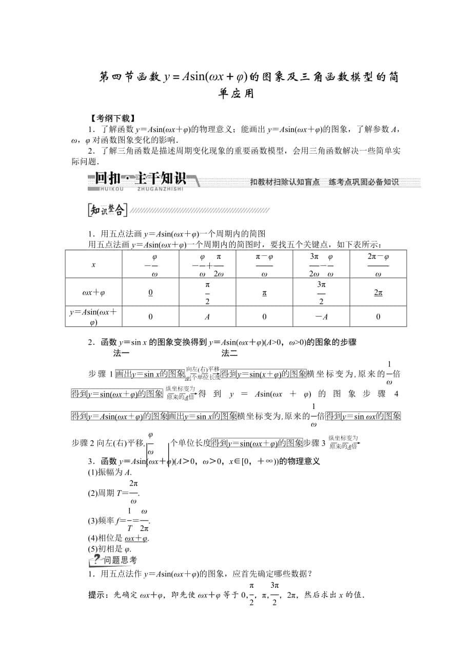 【創(chuàng)新方案】高考數(shù)學(xué) 理一輪復(fù)習(xí)配套文檔：第3章 第4節(jié)　函數(shù)y＝asin(ωx＋φ)的圖象及3角函數(shù)模型的簡單應(yīng)用_第1頁