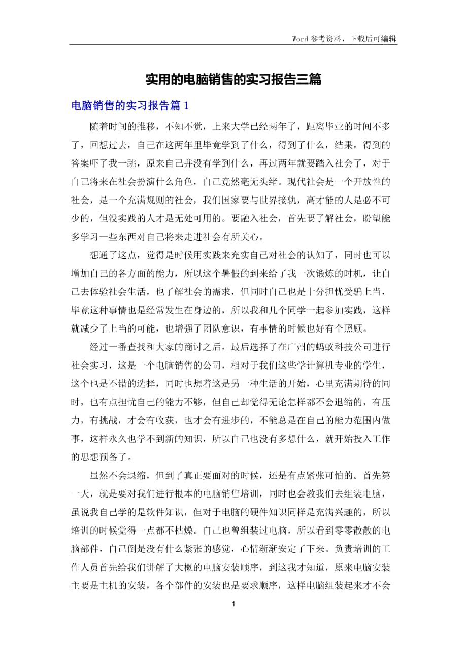 实用的电脑销售的实习报告三篇_第1页