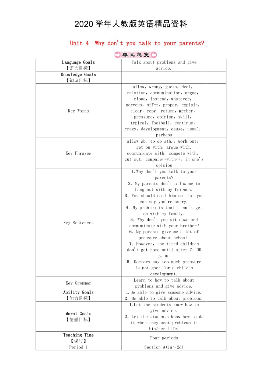 八年级英语下册Unit4Whydon39;tyoutalktoyourparents第1课时SectionA1a2d教案人教新目标版_第1页