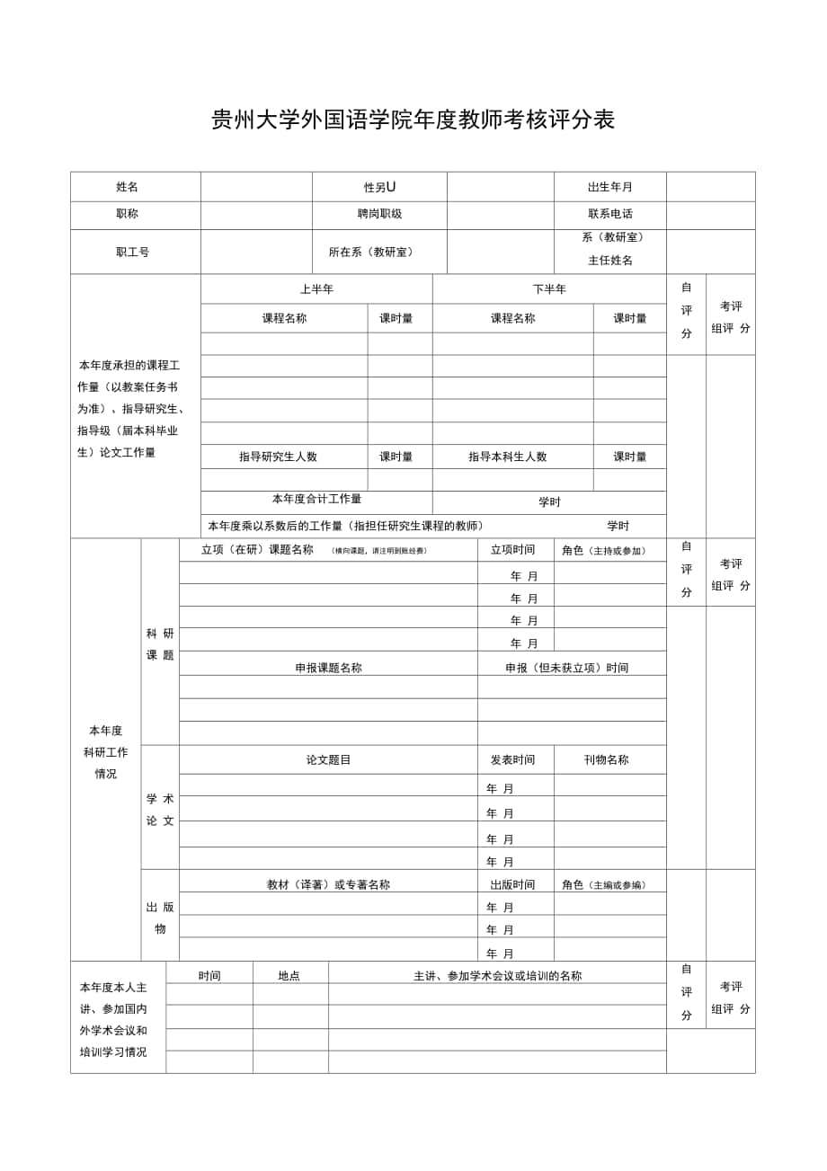 贵州大学外国语学院年度教师考核评分表_第1页