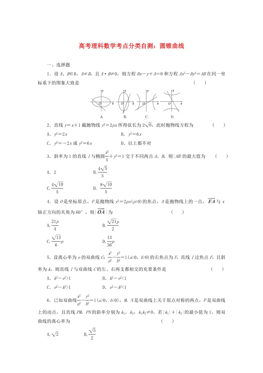 高考數(shù)學(xué) 考點(diǎn)分類自測(cè) 圓錐曲線 理_第1頁(yè)