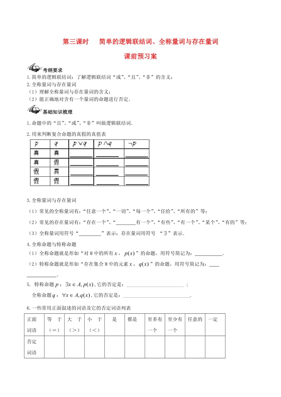 新課標(biāo)高三數(shù)學(xué) 一輪復(fù)習(xí) 第1篇 簡單的邏輯聯(lián)結(jié)詞、全稱量詞與存在量詞學(xué)案 理_第1頁