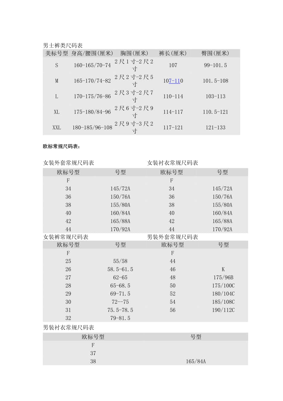 美标欧标衣服尺码对照表