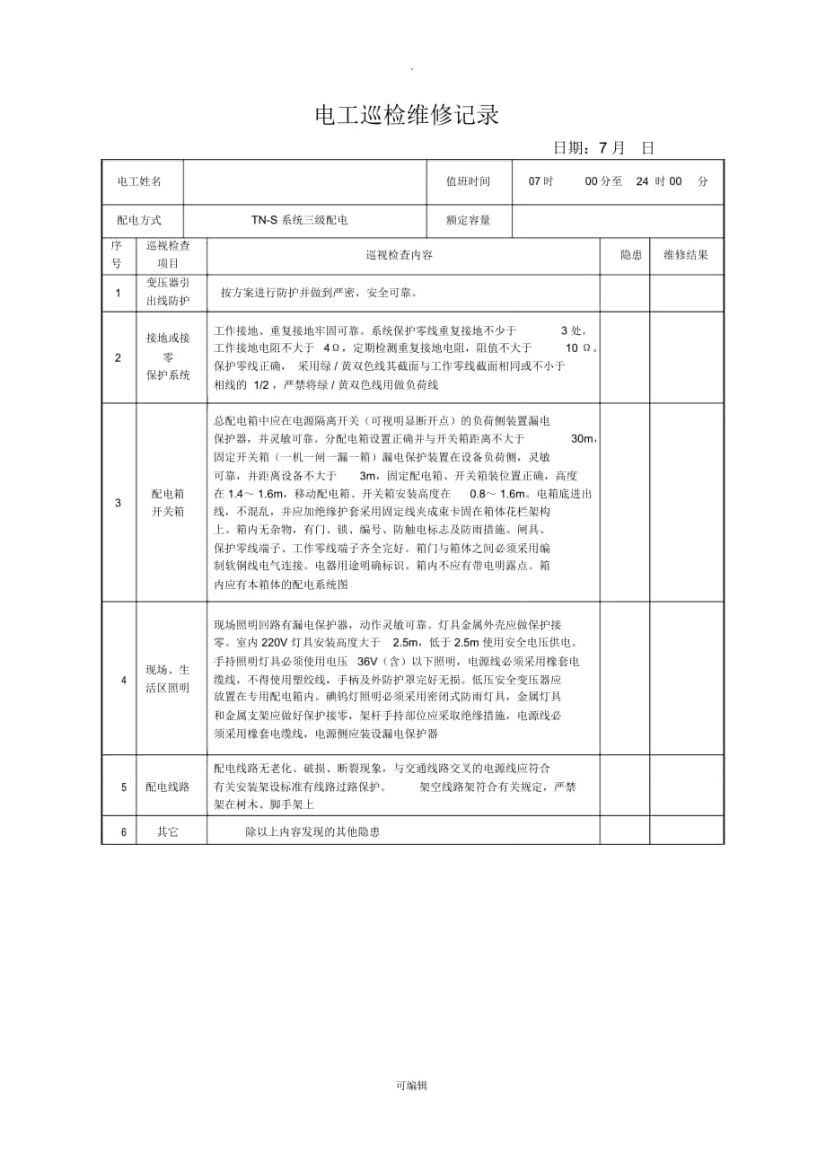 电工巡查维修记录表_第1页