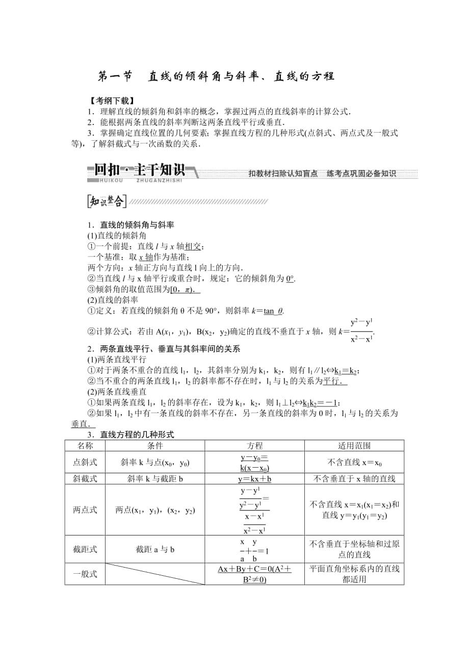 【創(chuàng)新方案】高考數(shù)學(xué) 理一輪復(fù)習(xí)配套文檔：第8章 第1節(jié)　直線的傾斜角與斜率、直線的方程_第1頁