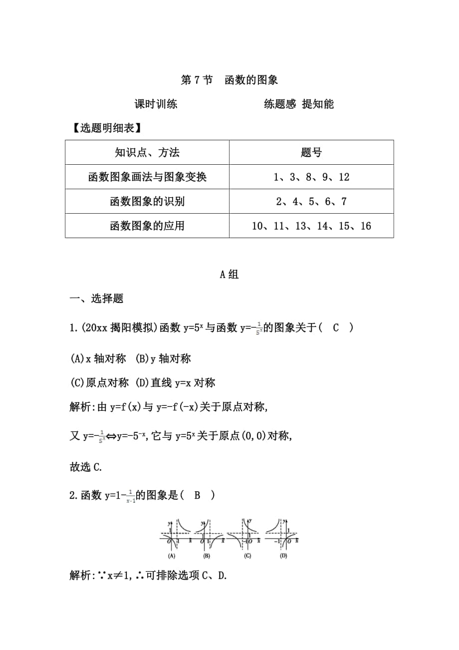 高考數(shù)學(xué) 廣東專用文科復(fù)習(xí)配套課時(shí)訓(xùn)練：第二篇 函數(shù)、導(dǎo)數(shù)及其應(yīng)用 第7節(jié)　函數(shù)的圖象含答案_第1頁(yè)