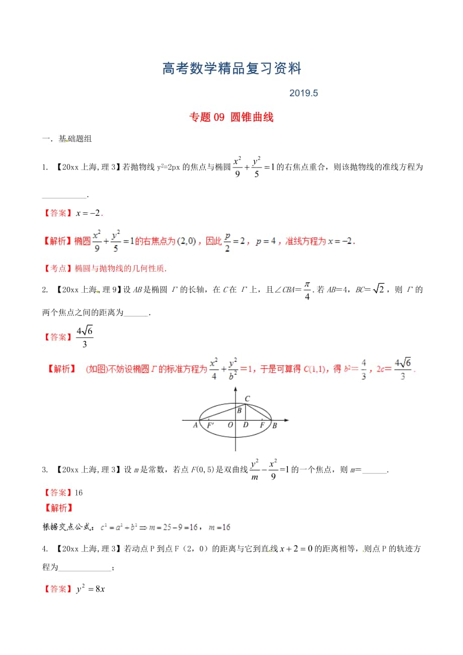 上海版高考數(shù)學(xué)分項(xiàng)匯編 專題09 圓錐曲線含解析理_第1頁