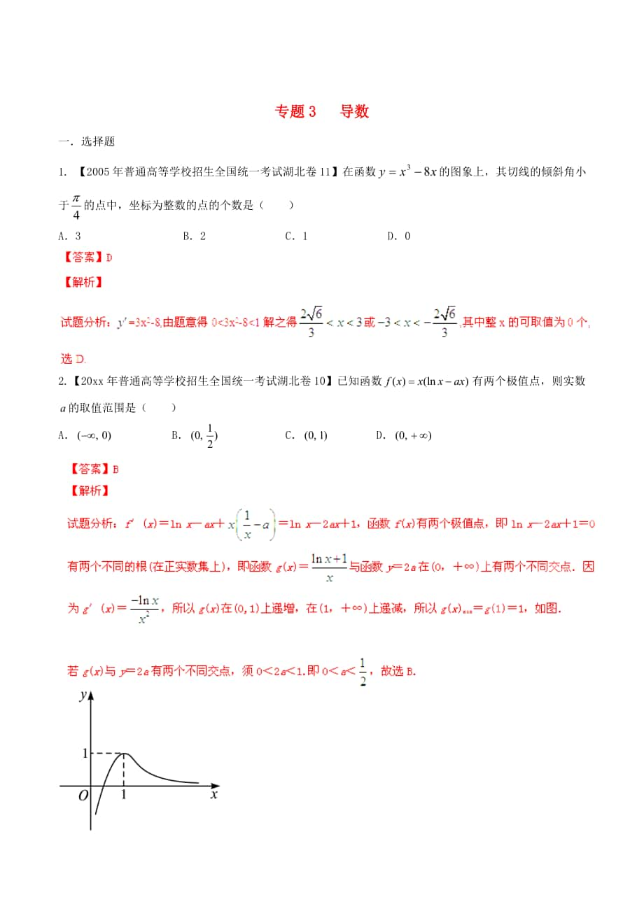 湖北版高考數(shù)學(xué) 分項(xiàng)匯編 專題03 導(dǎo)數(shù)含解析_第1頁