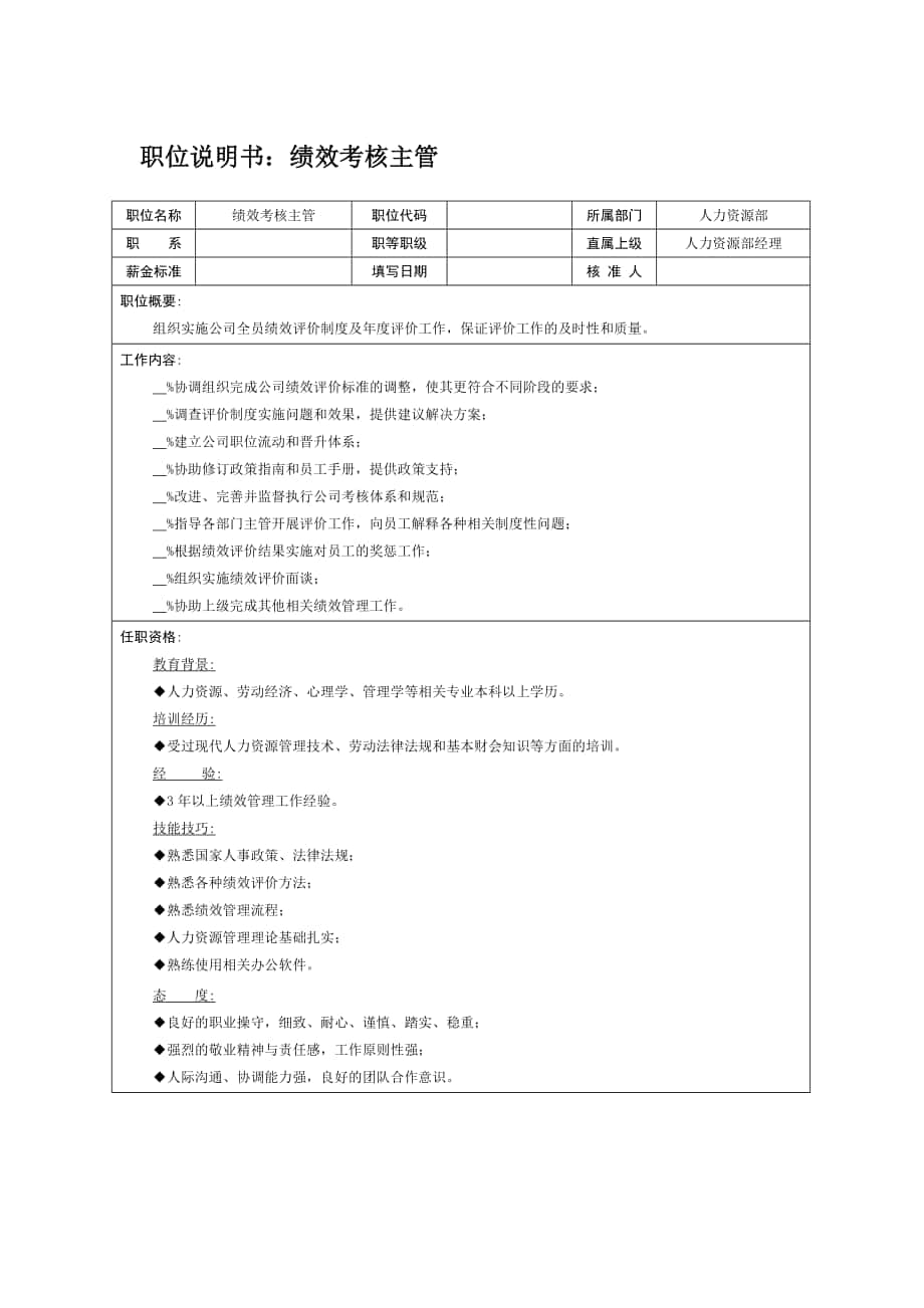 职位说明书：绩效考核主管_第1页