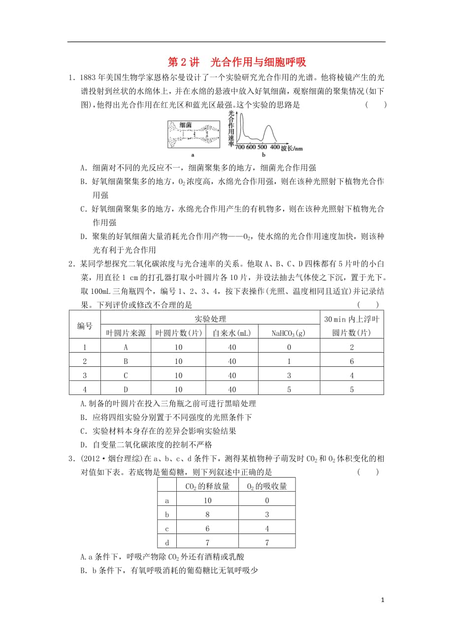 高三生物二輪專題復(fù)習(xí)卷專題2細胞的代謝第2講光合作用與細胞呼吸_第1頁