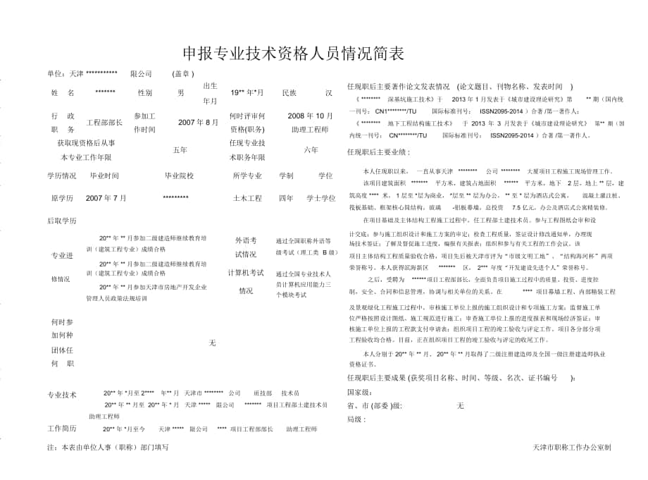 (天津)申报专业技术资格人员情况简表_第1页