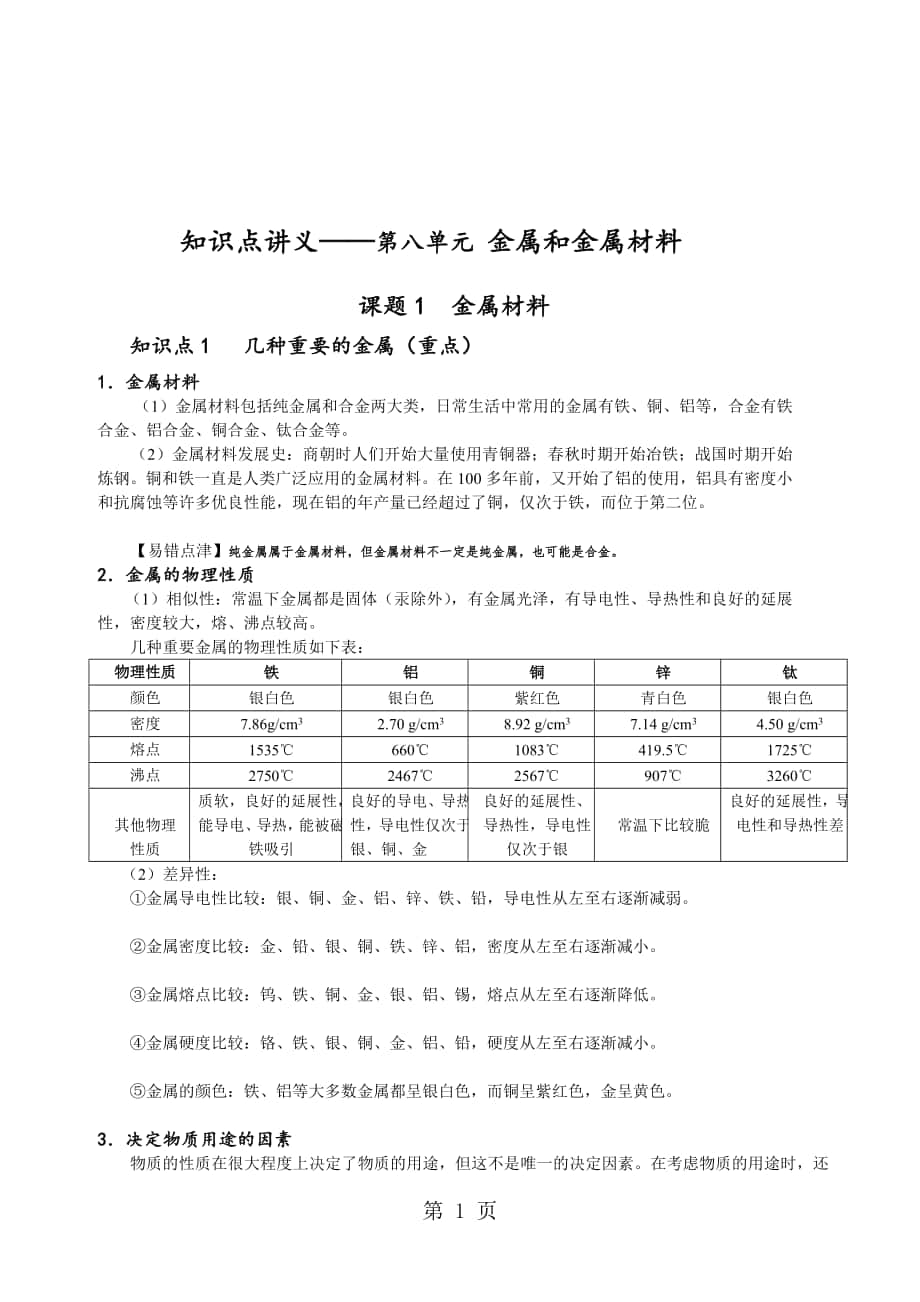 人教版化學 九年級下冊 8.1金屬材料 知識點講義無答案_第1頁