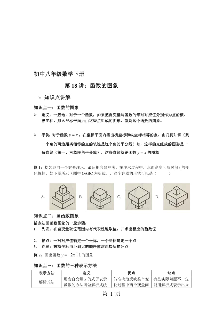 人教版八年級下冊第十九章一次函數(shù)第18講函數(shù)的圖象 講義無答案_第1頁