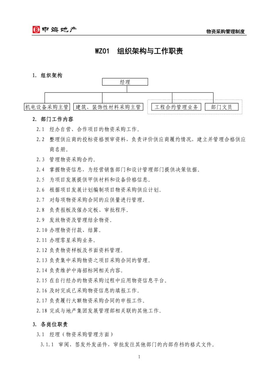 采購部門組織架構(gòu)與工作職責(zé) 中海地產(chǎn) 物資采購管理制度_第1頁