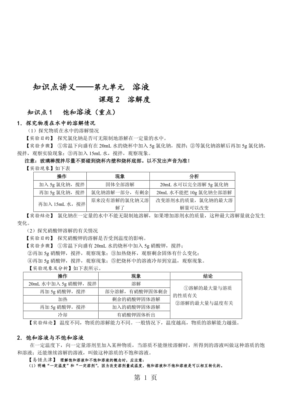 人教版化學(xué) 九年級下冊 9.2溶解度 知識點講義無答案_第1頁