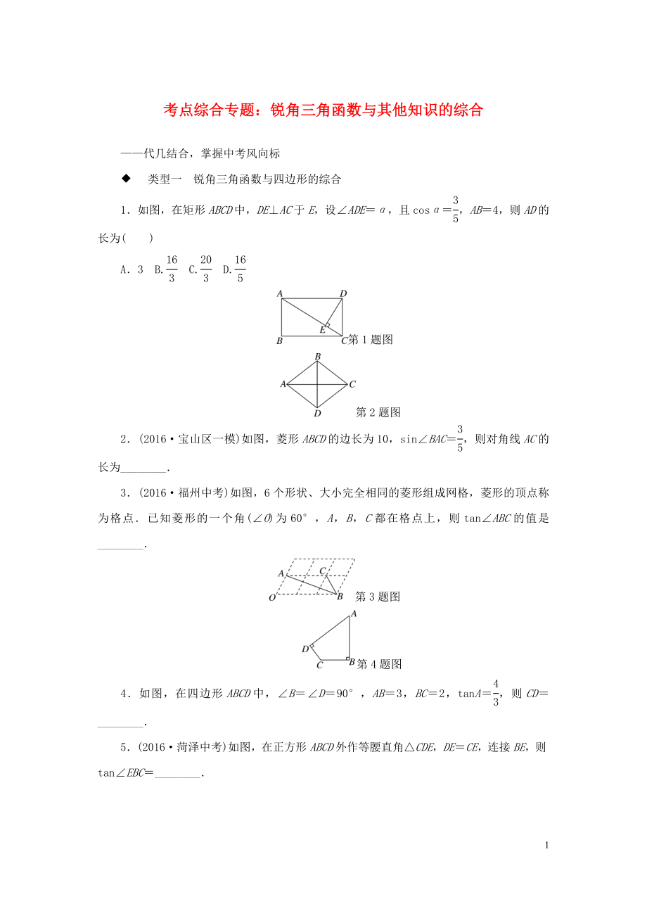 九年級數(shù)學(xué)全冊 考點(diǎn)綜合專題 銳角三角函數(shù)與其他知識(shí)的綜合練習(xí)_第1頁