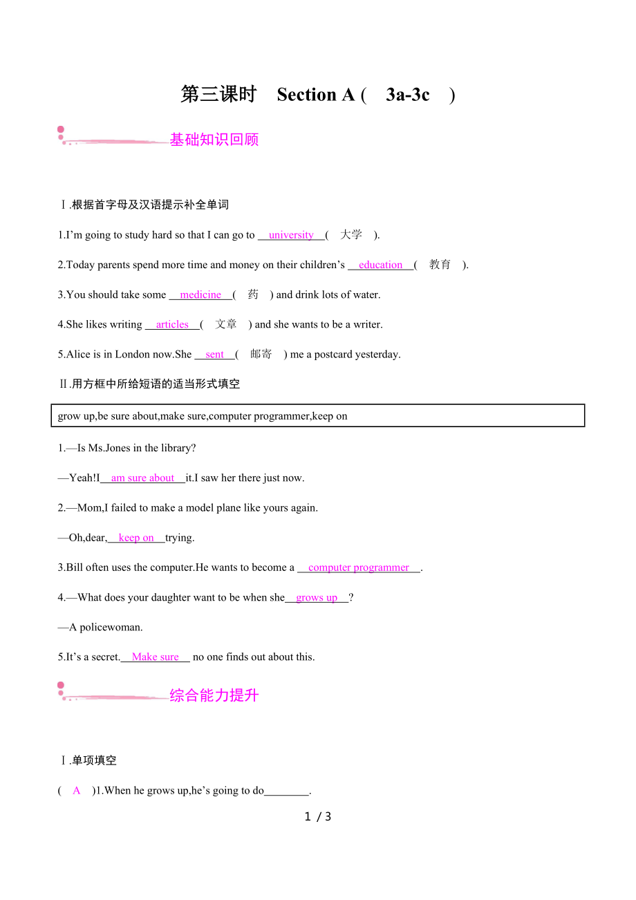 Unit 6 第三課時　Section A (3a-3c) 人教版英語八年級上冊課時練習_第1頁