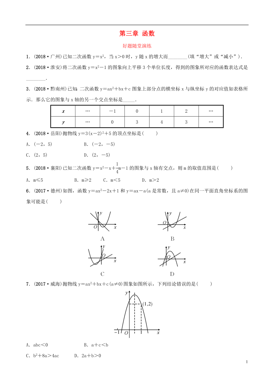 云南省2018年中考數學總復習 第三章 函數 第四節(jié) 二次函數的基本性質好題隨堂演練_第1頁