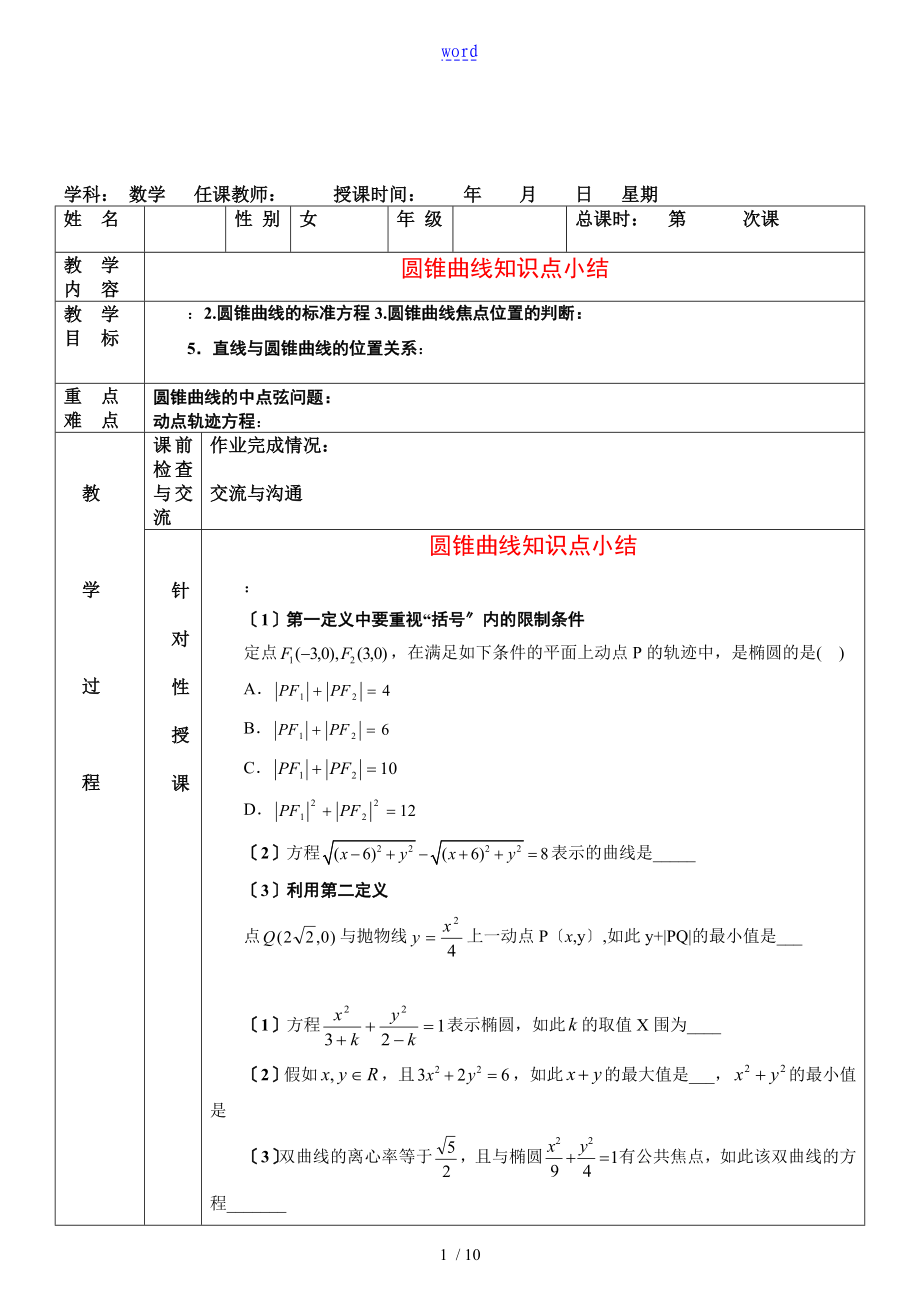 2016年 圓錐曲線知識(shí)點(diǎn)總結(jié)材料_第1頁