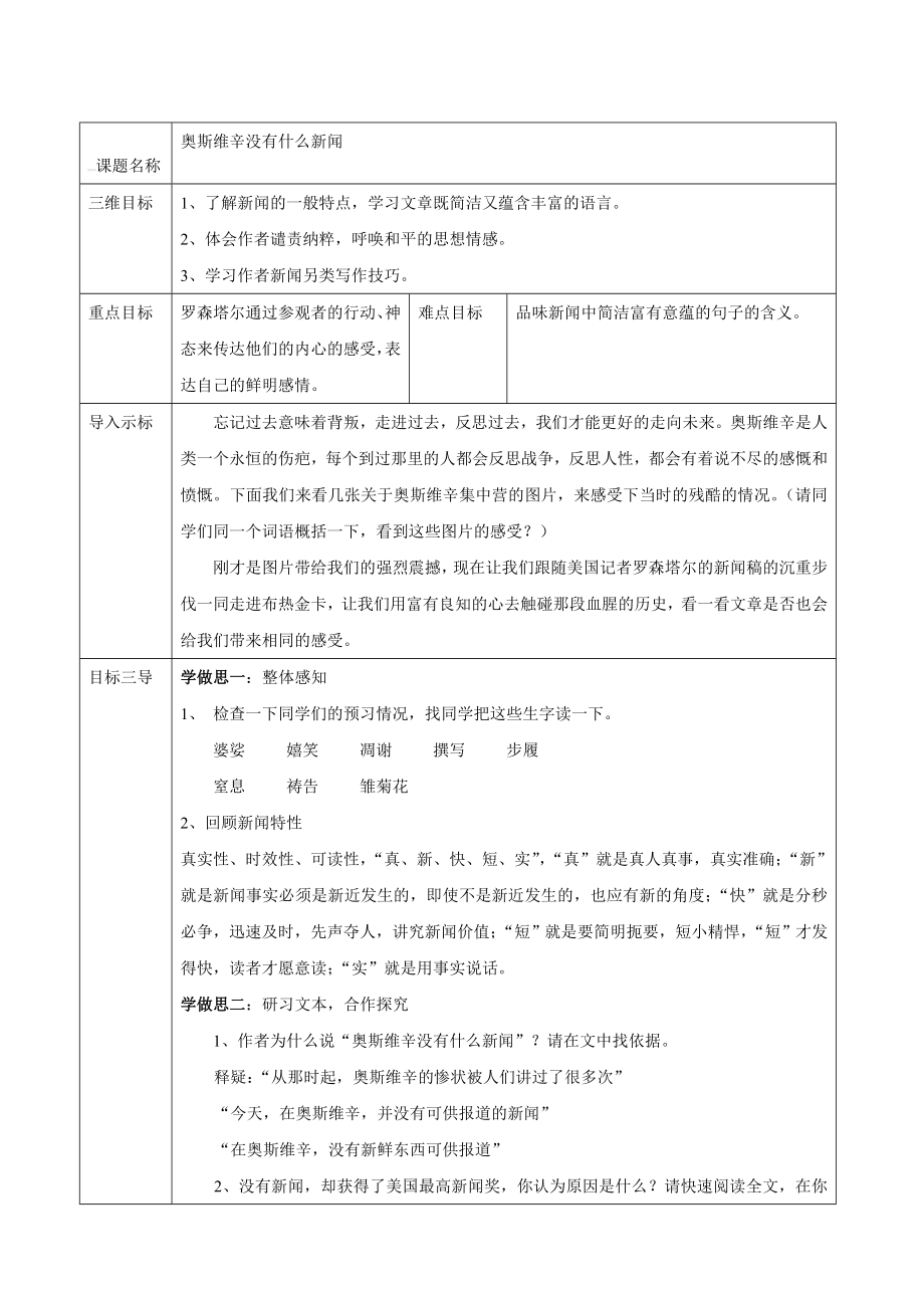 高中語文人教版必修1教案： 第四單元第10課短新聞兩篇奧斯維辛沒有什么新聞 教案系列一_第1頁