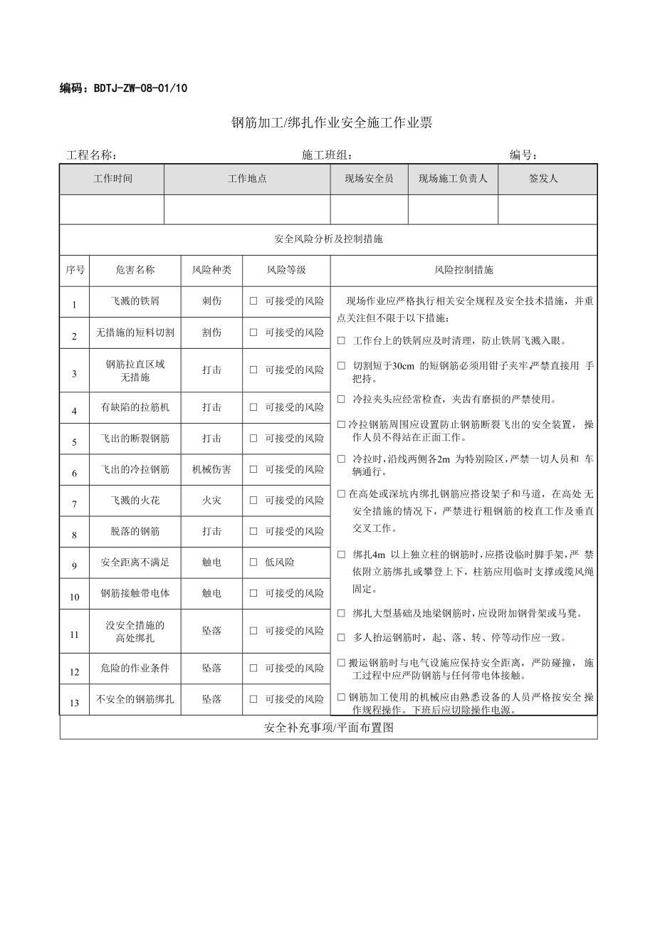 BDTJZW080110钢筋加工绑扎作业安全施工作业票_第1页