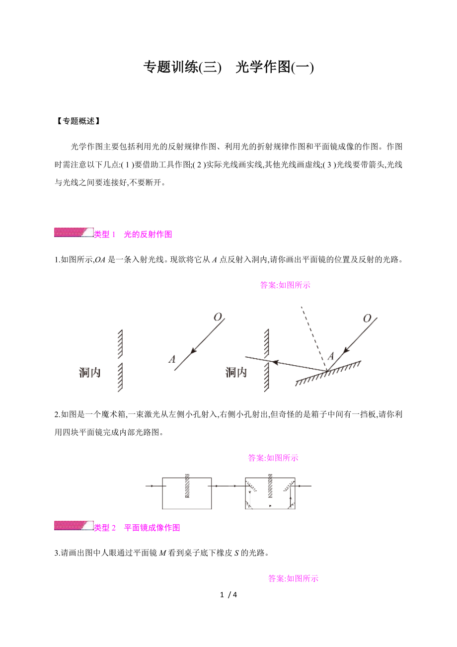 第四章專題訓(xùn)練( 三 )　光學(xué)作圖( 一 )—2020秋滬科版八年級(jí)物理上冊(cè)檢測(cè)_第1頁(yè)