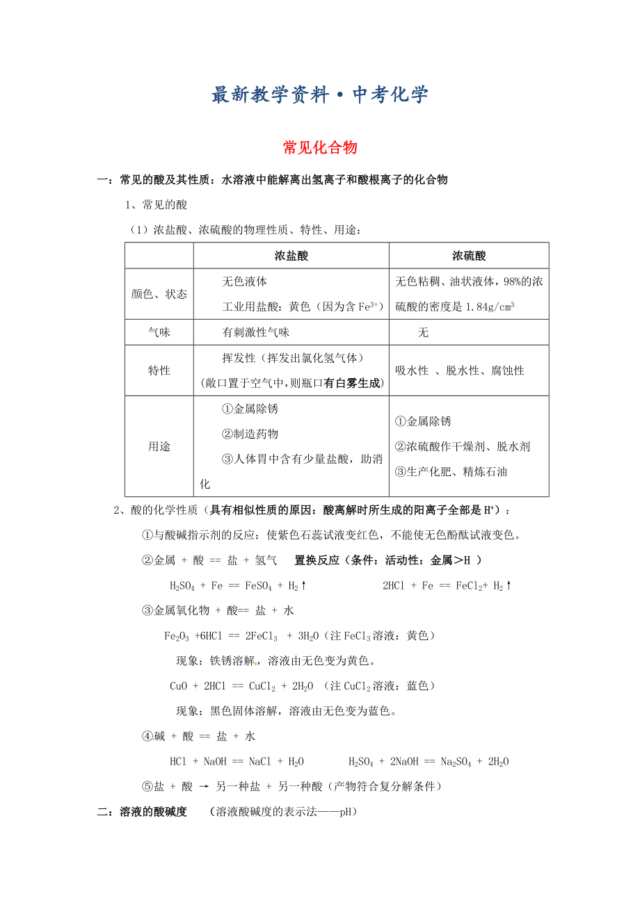 [最新]河北省沧州市中考化学第二轮知识点复习 常见化合物_第1页
