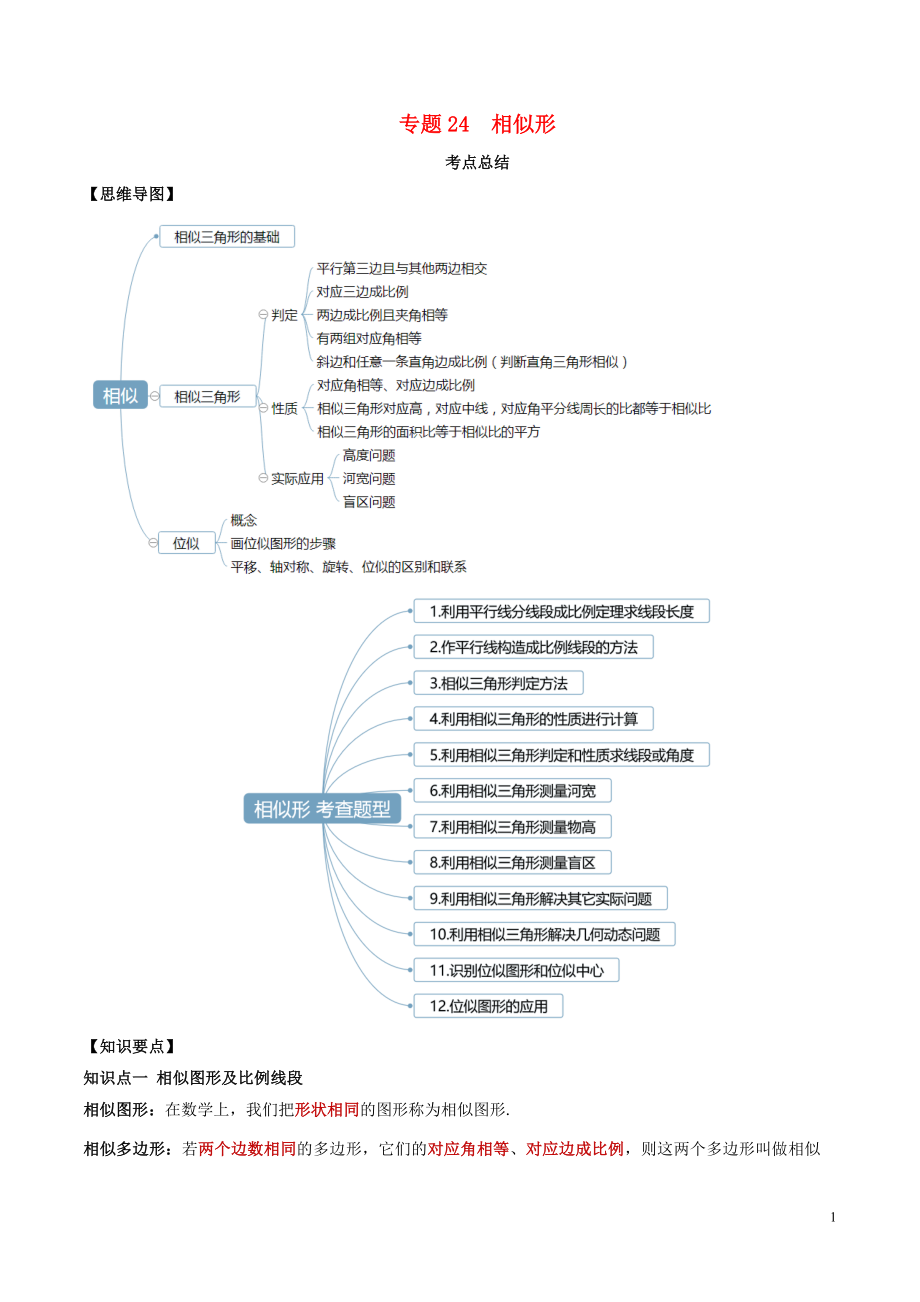 2020年中考數(shù)學(xué)一輪復(fù)習(xí) 基礎(chǔ)考點(diǎn)及題型 專題24 相似形（含解析）_第1頁