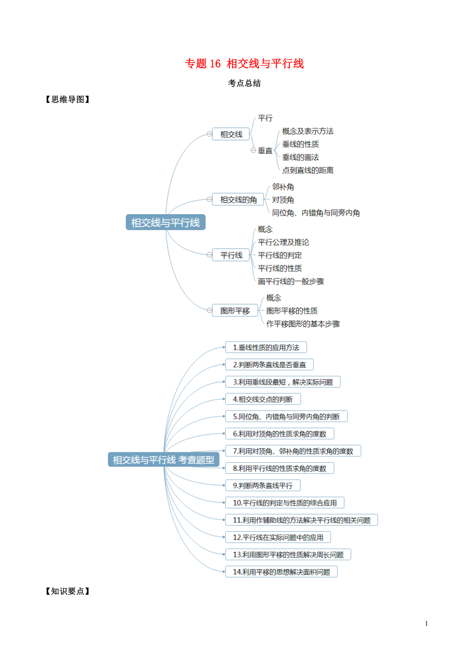 2020年中考數(shù)學(xué)一輪復(fù)習(xí) 基礎(chǔ)考點及題型 專題16 相交線與平行線（含解析）_第1頁