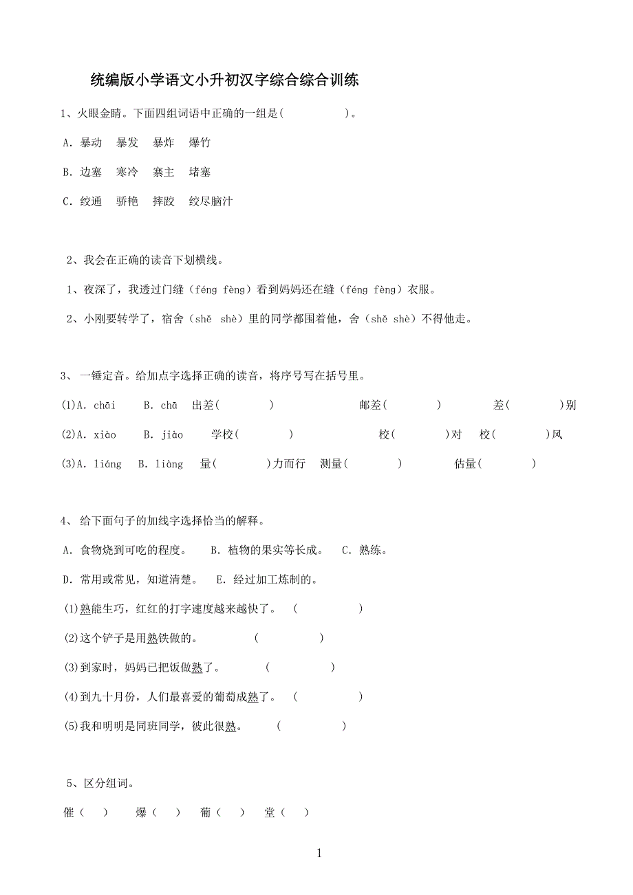 統(tǒng)編版小學(xué)語文小升初漢字綜合綜合訓(xùn)練_第1頁