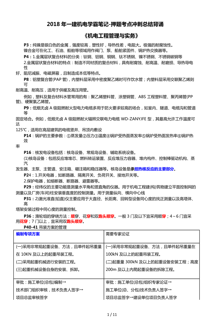 2018一建機(jī)電學(xué)霸筆記_押題考點(diǎn) 沖刺總結(jié) 背誦_第1頁