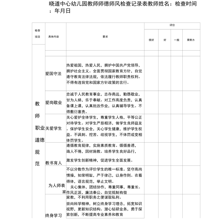 晓道幼儿园师德师风检查记录表_第1页