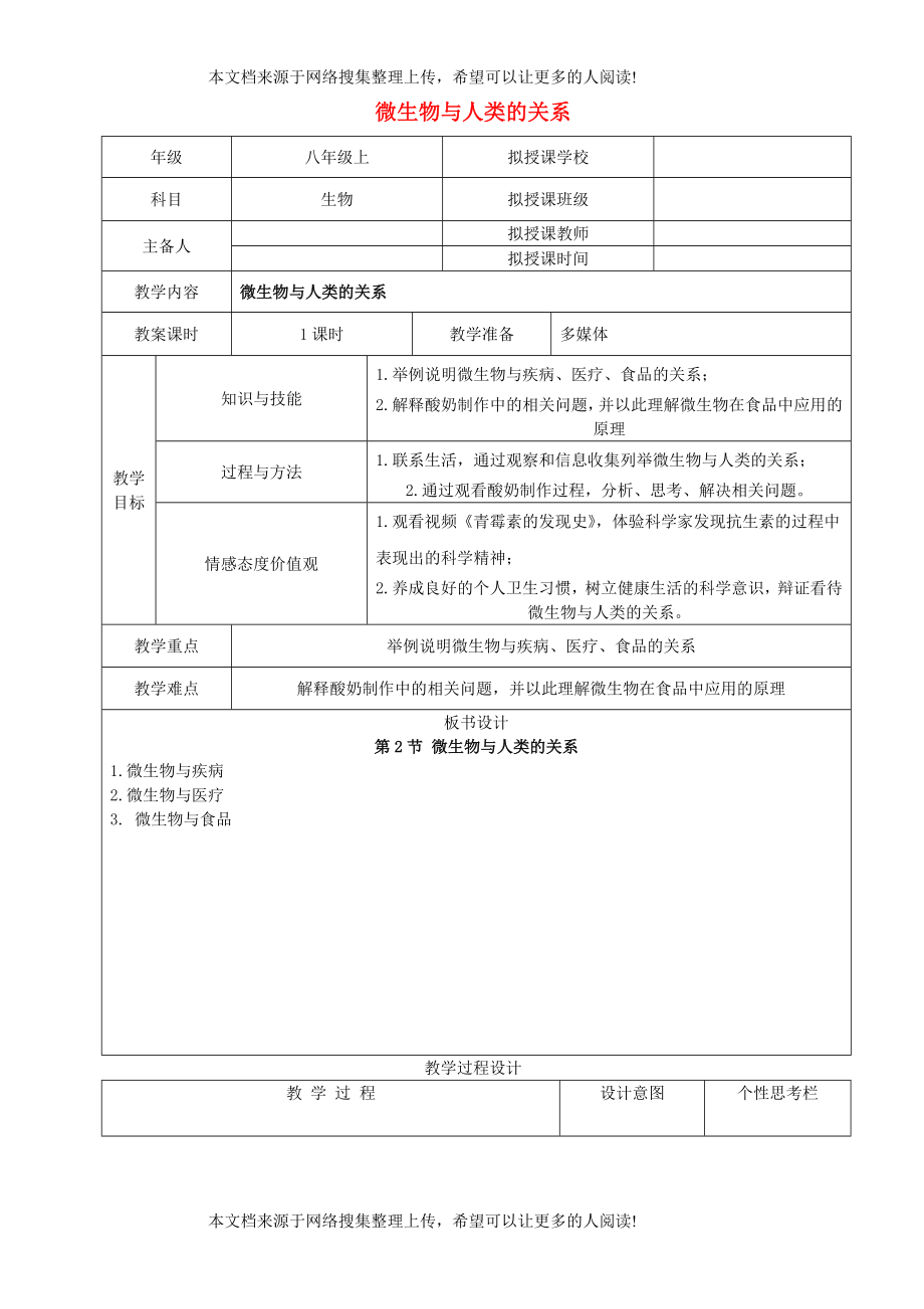 貴州省遵義市八年級生物上冊 第18章 第2節(jié) 微生物與人類的關(guān)系教案 （新版）北師大版_第1頁