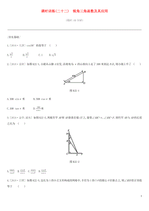 2019年中考數學總復習 第四單元 圖形的初步認識與三角形 課時訓練22 銳角三角函數及其應用練習 湘教版