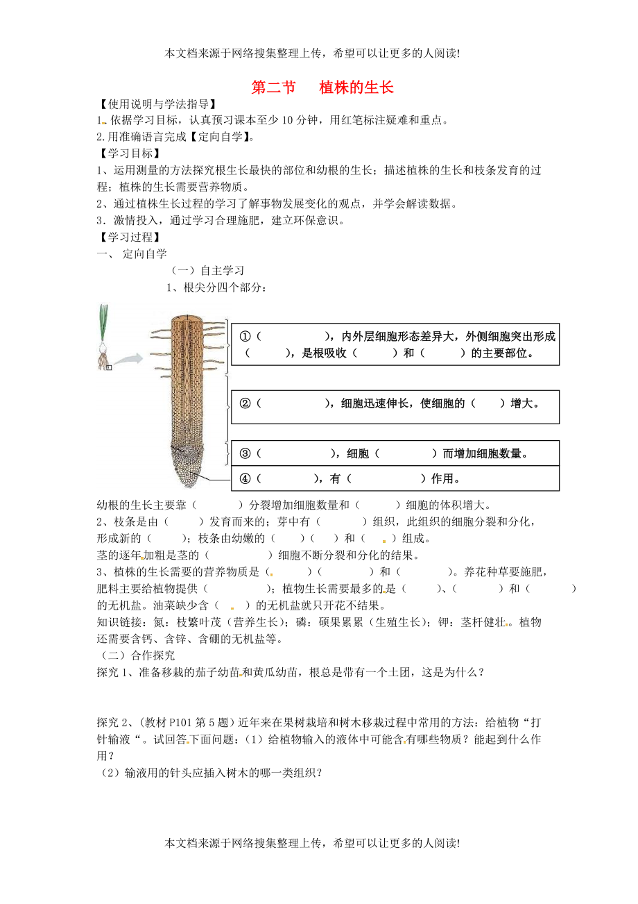 湖南省桑植縣七年級生物上冊 第三單元 第二章 第二節(jié) 植株的生長導學案（無答案）（新版）新人教版_第1頁