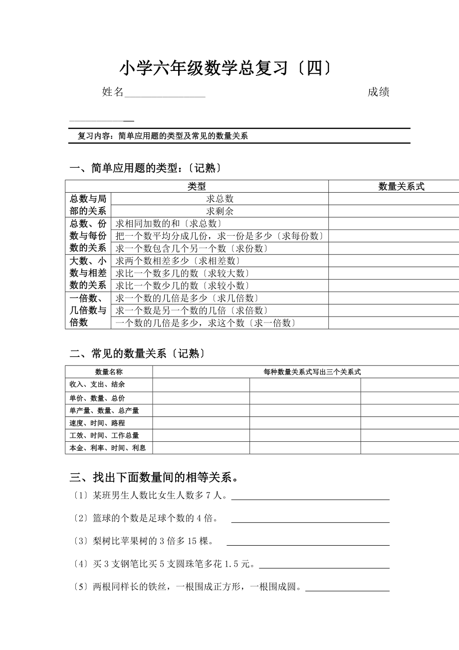 小学六年级数学总复习 简单应用题的类型及常见的数量关系_第1页