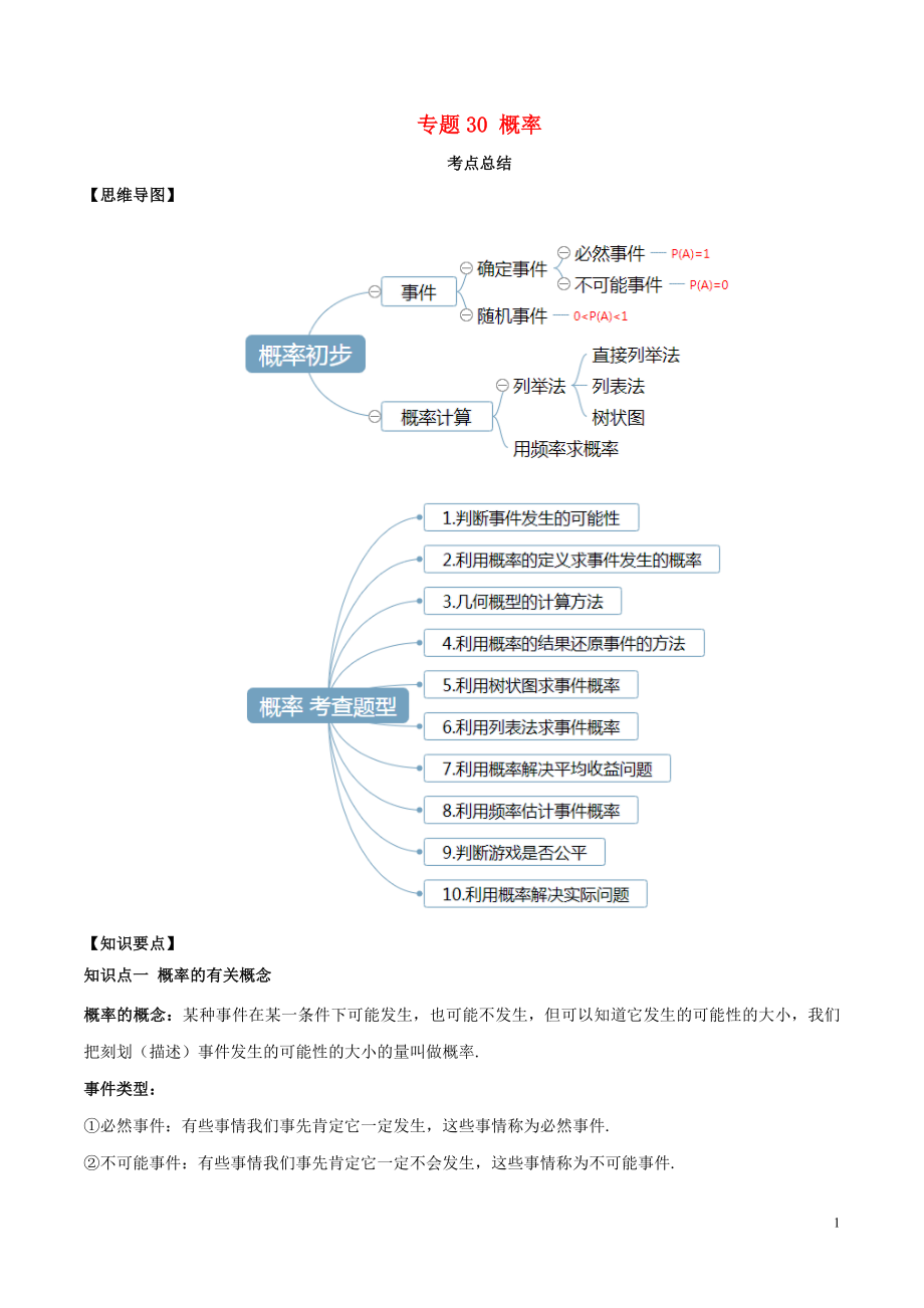 2020年中考数学一轮复习 基础考点及题型 专题30 概率（含解析）_第1页