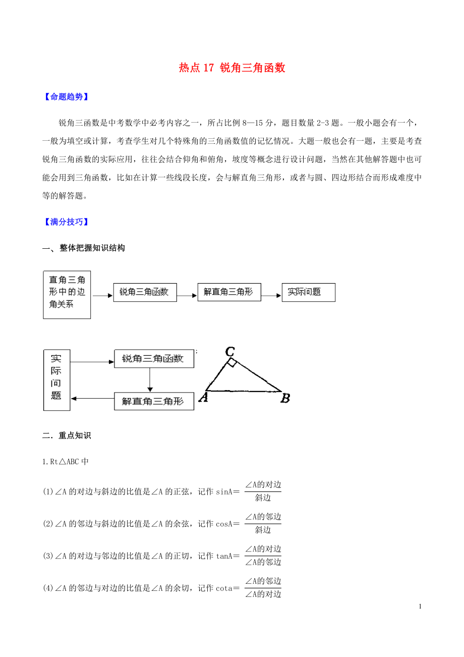 2020中考數(shù)學(xué)熱點(diǎn)專練17 銳角三角函數(shù)（含解析）_第1頁