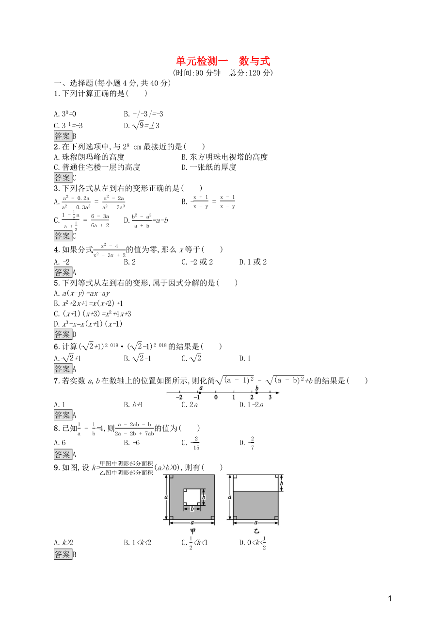 2019年中考數(shù)學(xué)總復(fù)習(xí)優(yōu)化設(shè)計(jì) 第一板塊 基礎(chǔ)知識(shí)過(guò)關(guān) 單元檢測(cè)1 數(shù)與式 新人教版_第1頁(yè)