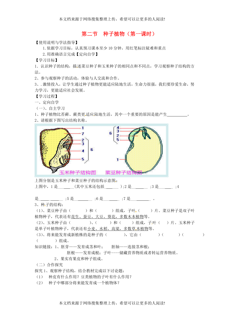 湖南省桑植縣七年級生物上冊 第三單元 第一章 第二節(jié) 種子植物導(dǎo)學(xué)案1（無答案）（新版）新人教版_第1頁