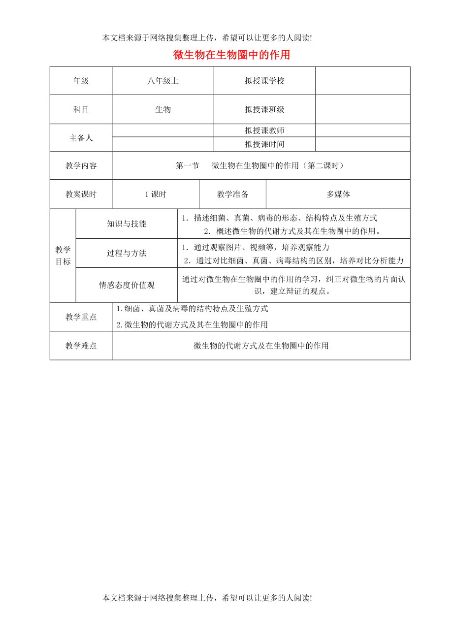 貴州省遵義市八年級(jí)生物上冊(cè) 第18章 第1節(jié) 微生物在生物圈中的作用教案2 （新版）北師大版_第1頁(yè)